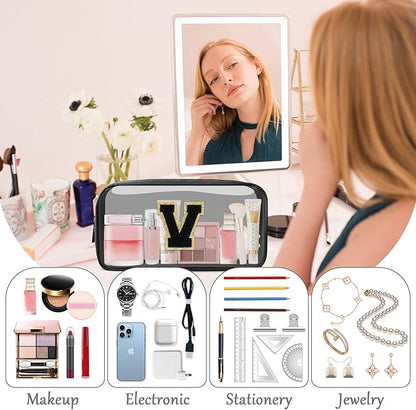 Personalized Initial Letter Clear Makeup Bag,Preppy Small Nylon&PVC Cosmetic Zipper Bag with Chenille Letter,Travel Skincare Toiletry Bag,Monogram Christmas Gift for Teen Girls Women,V