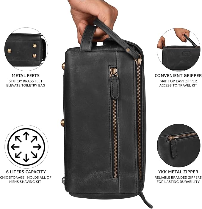 LEATHER VILLAGE Premium Leather Travel Toiletry Bag - Water-Resistant Dopp Kit for Toiletries, Large Shaving Bag & Bathroom Organizer - Gift for Men & Women - Distressed Black