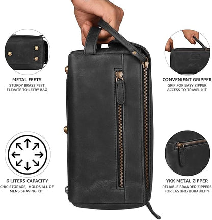 LEATHER VILLAGE Premium Leather Travel Toiletry Bag - Water-Resistant Dopp Kit for Toiletries, Large Shaving Bag & Bathroom Organizer - Gift for Men & Women - Distressed Black