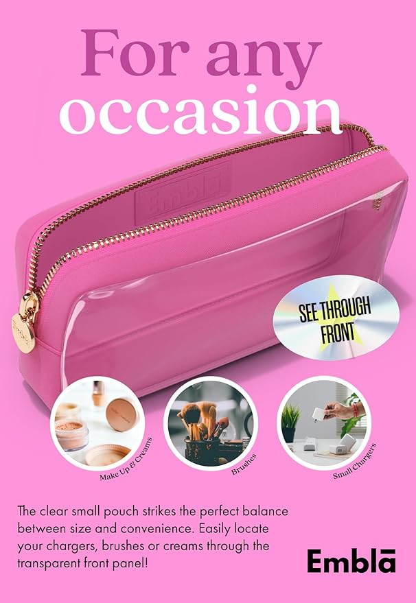 Embla London Makeup Bag Cosmetic Case, Clear Zipper Make Up Pouch and Toiletry Travel Tote, Cute Skincare Pouches for Women Girls, Preppy Purse Cosmetic Organizer, Small Makeup Bags, Bubblegum