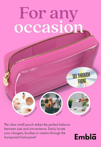 Embla London Makeup Bag Cosmetic Case, Clear Zipper Make Up Pouch and Toiletry Travel Tote, Cute Skincare Pouches for Women Girls, Preppy Purse Cosmetic Organizer, Small Makeup Bags, Bubblegum