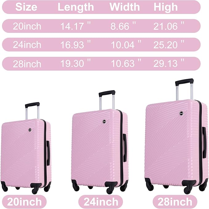 Travelhouse Luggage Sets, Expandable Hardside Suitcases 24in/28in, Carry on 20in,3 Piece Set Travel Luggages Clearance with Double Spinner Wheels TSA Lock Lightweight (PINK)