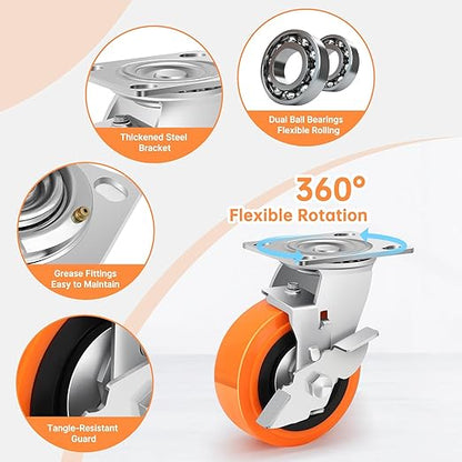 5 Inch Heavy Duty Casters - Industrial Casters with Upgraded Thickened Bracket Set of 4, Polyurethane Wheel Capacity up to 3500 lbs, Plate Swivel Caster Use for Indoor and Outdoor(4 Brake)
