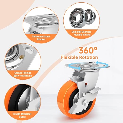 5"x2" Caster Wheels Heavy Duty - Industrial Grade Casters with Upgraded Thickened Bracket Set of 4, Polyurethane Wheel Capacity up to 3500 lbs, Plate Swivel Caster(2 Brake & 2 Rigid)