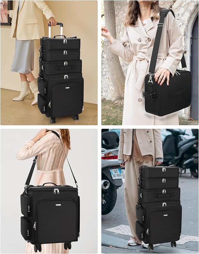 Relavel Rolling Makeup Case, 4 in 1 Hairstylist Traveling Bag Cosmetology Case on Wheels Large Hair Tools Cosmetics Train Case Makeup Artist Organizer (black with 4 additional small bags, Extra Large)