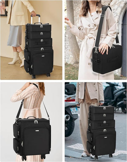 Relavel Rolling Makeup Case, 4 in 1 Hairstylist Traveling Bag Cosmetology Case on Wheels Large Hair Tools Cosmetics Train Case Makeup Artist Organizer (black with 4 additional small bags, Extra Large)