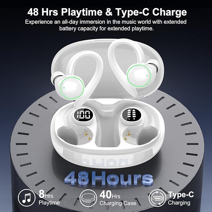 Wireless Earbuds, Bluetooth 5.4 Headphones Sport, Over Ear Buds With ENC Noise Cancelling Mic, 48H, Wireless Earphone With Earhooks, Stereo Deep Bass, IP7 Waterproof Headset for Workout Running, White