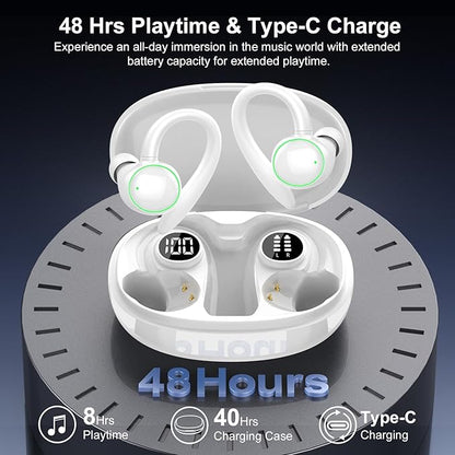 Wireless Earbuds, Bluetooth 5.4 Headphones Sport, Over Ear Buds With ENC Noise Cancelling Mic, 48H, Wireless Earphone With Earhooks, Stereo Deep Bass, IP7 Waterproof Headset for Workout Running, White