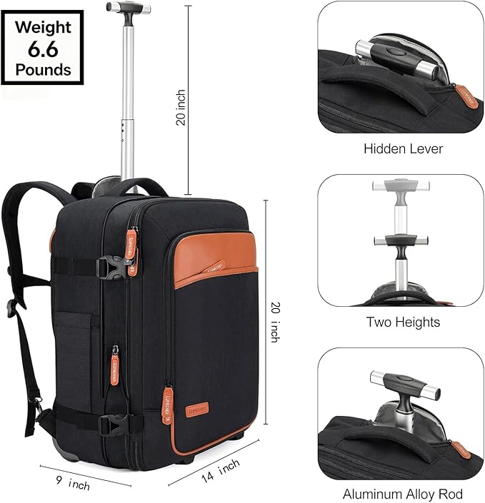 Lumesner Carry on Travel Backpacks, Extra Large 40L Flight Approved for Men & Women,Expandable Suitcase backpack (Rolling-Black)