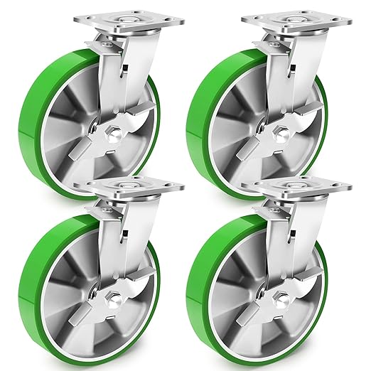 8 Inch Heavy Duty Industrial Grade Caster Set of 4, Industrial Swivel Casters with Brake, Maintenance-Free Aluminum Core PU Wheels 6000 LBS, Durable Casters Wheels for Industrial, Equipment