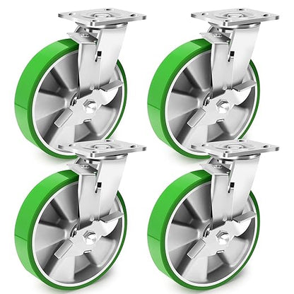 8 Inch Heavy Duty Industrial Grade Caster Set of 4, Industrial Swivel Casters with Brake, Maintenance-Free Aluminum Core PU Wheels 6000 LBS, Durable Casters Wheels for Industrial, Equipment