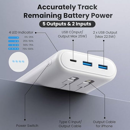 Upgraded Portable Charger 40800mAh Power Bank - Portable Battery with 2 Built in Cables,PD 25W USB C Fast Charging Battery Pack Compatible with iPhone 17 16 15 14 13 Android Phone etc-White