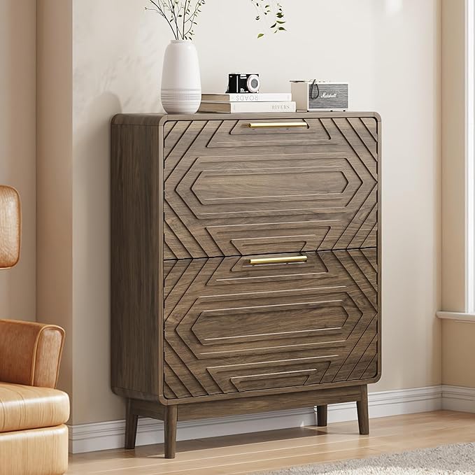 Vibe & Dine Modern Shoe Cabinet with 2 Flip Drawers, Shoe Storage Organizer for Entryway Slim, Freestanding Wood Shoe Rack Cabinet for Hallway, Bedroom, Living Room, Black Walnut