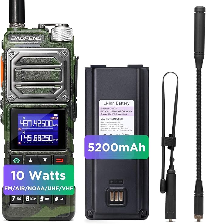 BAOFENG UV-25 10W Dual Band Two Way Radio, Tri-Power Tactical Ham Radio Handheld Walkie Talkie for Adults, UV FM Aviation NOAA Receiver, 5200mAh Battery USB-C Port, 999CH, Chirp Compatible, Camo Green