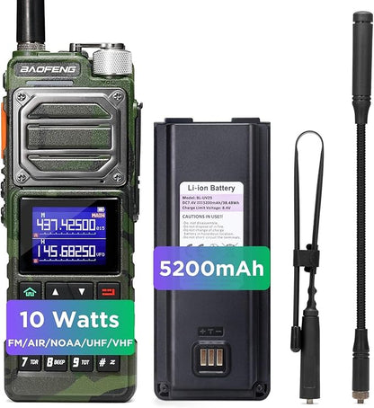 BAOFENG UV-25 10W Dual Band Two Way Radio, Tri-Power Tactical Ham Radio Handheld Walkie Talkie for Adults, UV FM Aviation NOAA Receiver, 5200mAh Battery USB-C Port, 999CH, Chirp Compatible, Camo Green