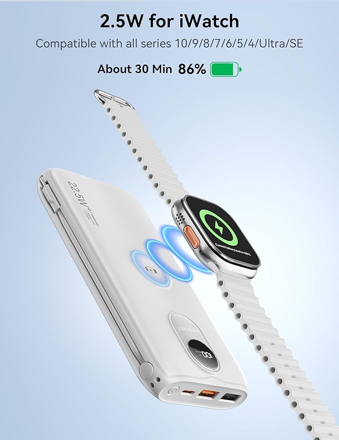 Portable Charger, 10000mAh 22.5W Fast Charging Power Bank with Built in Cable & Wall Plug, Travel Essential Battery Pack with LED Display, External Charger for iPhone 17/16, iWatch 11/10/9/8/Ultra/SE