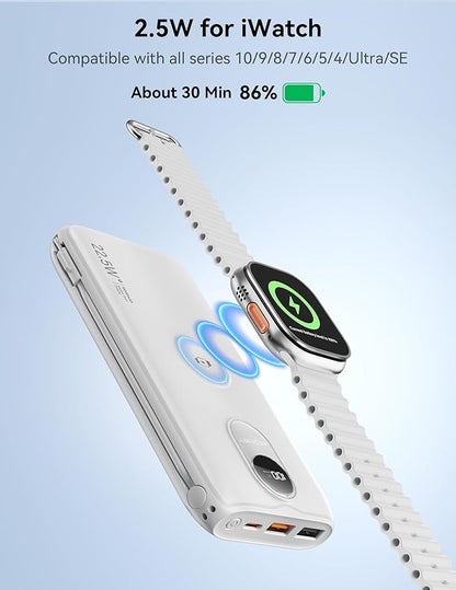 Portable Charger, 10000mAh 22.5W Fast Charging Power Bank with Built in Cable & Wall Plug, Travel Essential Battery Pack with LED Display, External Charger for iPhone 17/16, iWatch 11/10/9/8/Ultra/SE
