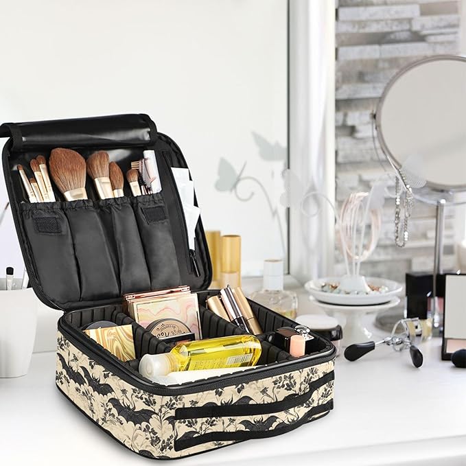 MNSRUU Travel Makeup Bag, Bats and Flowers Vintage Women Makeup Case Organizer Cosmetic Toiletry Bag for Teenage Girl with Adjustable Dividers