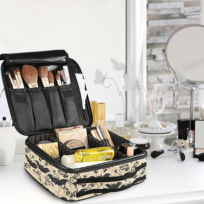 MNSRUU Travel Makeup Bag, Bats and Flowers Vintage Women Makeup Case Organizer Cosmetic Toiletry Bag for Teenage Girl with Adjustable Dividers