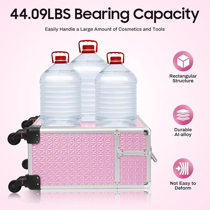 Rolling Makeup Train Case,Multi-functional Cosmetic Trolley with 360° Swivel Wheels Keys,Salon Barber Case Traveling Cart for Nail Technicians Hairstylist (Pink)