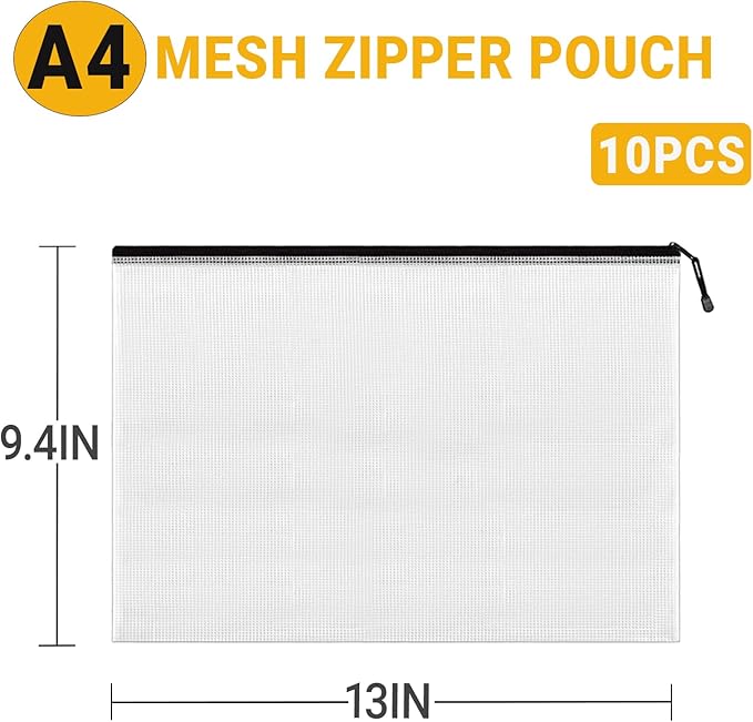 Mesh Zipper Pouch Bags, A4 Letter Size, 10 Pack Waterproof Document Mesh Bags, Zipper Bags for Organizing Office School Supplies, Toys, Cosmetics Travel Storage(Black 13.5×9.5 Inch)