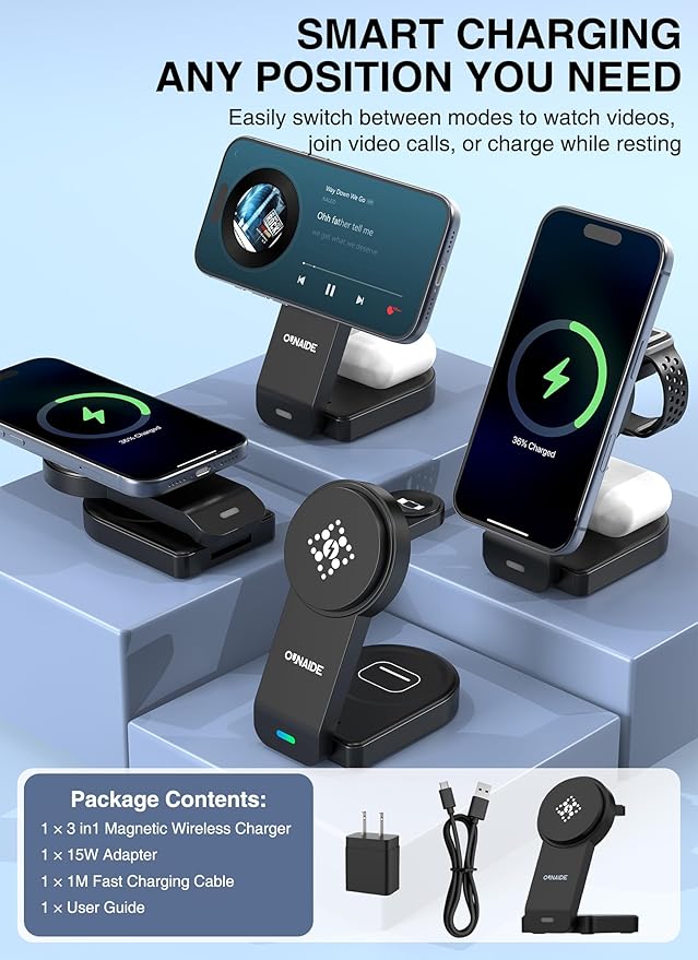 Wireless Charger for Apple MagSafe, Foldable 3 in 1 Wireless Charging Station Magnetic Charger Stand for iPhone 17/16/15/14/13/12 Series/Apple Watch10-2/Airpods (Black)
