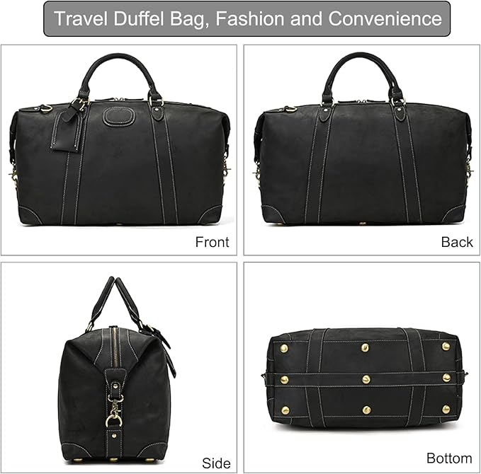 Full-grain Genuine Leather Travel Bag Large Capacity Luggage Duffel Bag for Men Shoulder Handbag Holiday Business Trip Bag, Black