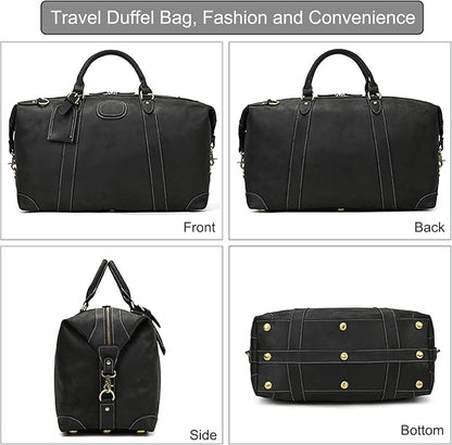 Full-grain Genuine Leather Travel Bag Large Capacity Luggage Duffel Bag for Men Shoulder Handbag Holiday Business Trip Bag, Black