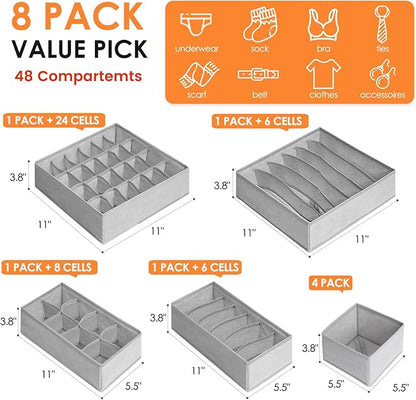 Drawer Organizer Clothes, 8 Pack Dresser Organizer Bins for Baby Clothes, Underwear Sock, Fabric Closet Organization and Storage Dividers for Nursery Bedroom (48 Compartments, Grey)