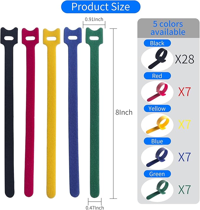 8 Inches Multi-Colour Reusable Cable Ties Cord Straps Multi-Purpose Wire Ties Cord Wrap Hook and Loop Organizer Cable Management,Adjustable Cord Ties for Organizing Home,Office,Data Centers,56 PCS