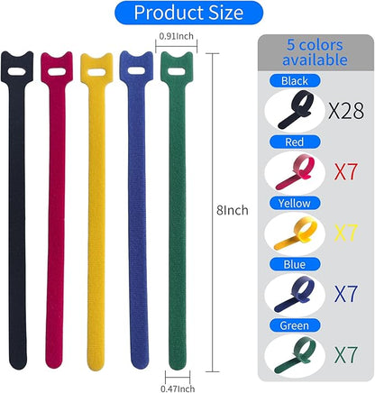 8 Inches Multi-Colour Reusable Cable Ties Cord Straps Multi-Purpose Wire Ties Cord Wrap Hook and Loop Organizer Cable Management,Adjustable Cord Ties for Organizing Home,Office,Data Centers,56 PCS