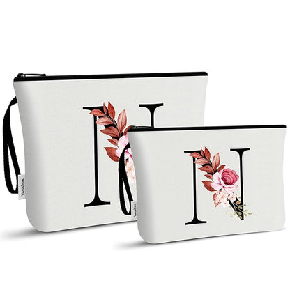 Vavabox A-Z Personalized Makeup Bag, Birthday Gifts for Women Mom, Gifts for Best Friend, Bride Bridesmaid Cosmetic bag (N, 03-White Set)