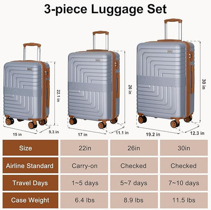 Romswi 3 Piece Luggage Sets, Expandable PC+ABS Hardshell Suitcase Set with TSA Lock YKK Zipper and Dual Spinner Wheels, Large Checked Travel Suitcases, 22/26/30 Inch, Silver