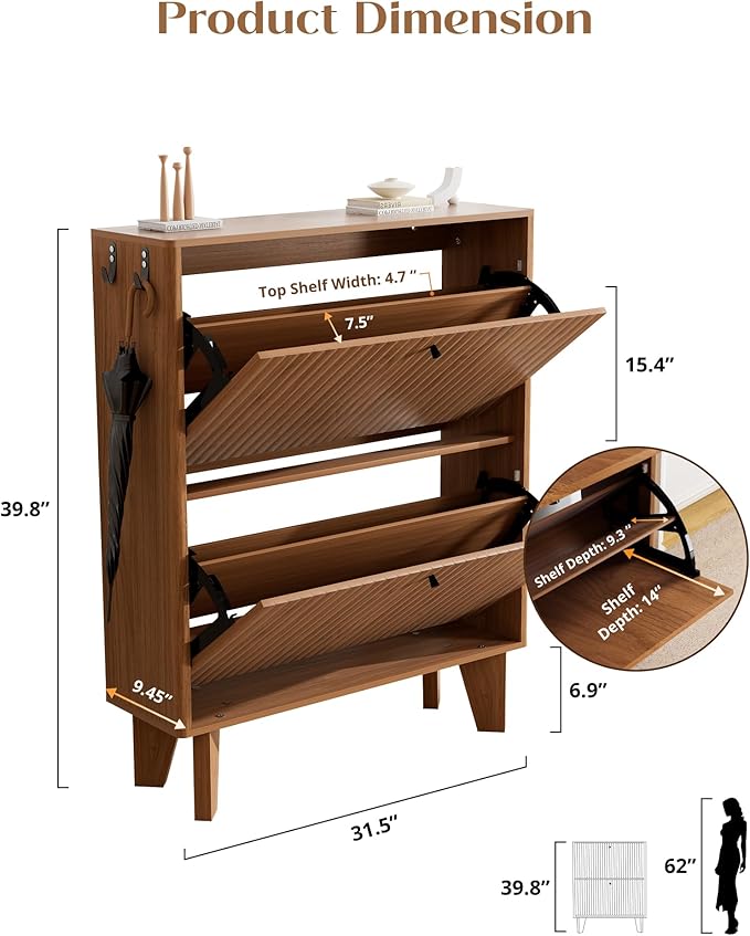 31.5" Shoe Cabinet Storage for Entryway with 2 Flip Drawers, Wood Fluted Narrow Shoe Cabinet for Hallway, Walnut