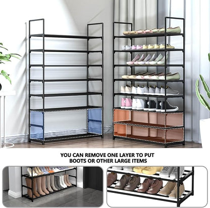 8 Tiers Metal Shoe Rack,Adjustable Shoe Shelf Storage Organizer with Hooks,Stackable Boot & Shoe Storage,for Entryway,Hallway,Closet,Black