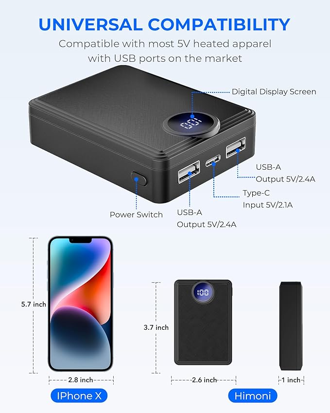 𝟱𝗩 𝟭𝟮𝟬𝟬𝟬𝗺𝗔𝗵 Heated Vest Battery Pack, Rechargeable Power Bank with LED Display, Type-C Input, and Dual USB-A Output for Heated Apparel, Vest, Seat, Blanket and Jacket up to 10H