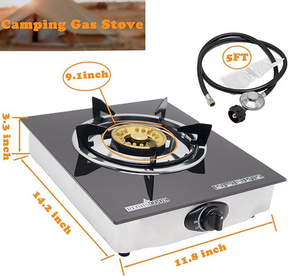 1 Burner Propane Gas Cooktop,Camping Portable LPG Gas Stove, Auto Ignition Tempered Glass Countertop Regulator and Burner Grate