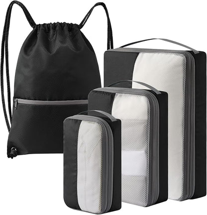 4 Set Compression Packing Cubes for Travel, Bonus Versatile Drawstring Backpack, Lightweight Luggage Organizer Bags, Sturdy Travel Accessories for Suitcase, Black