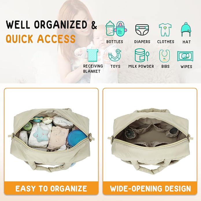 Buzz&Bloom Baby Diaper Bag Tote, Large Capacity Travel, Hospital Bag Functional with Changing Pad and Stroller Attachments.