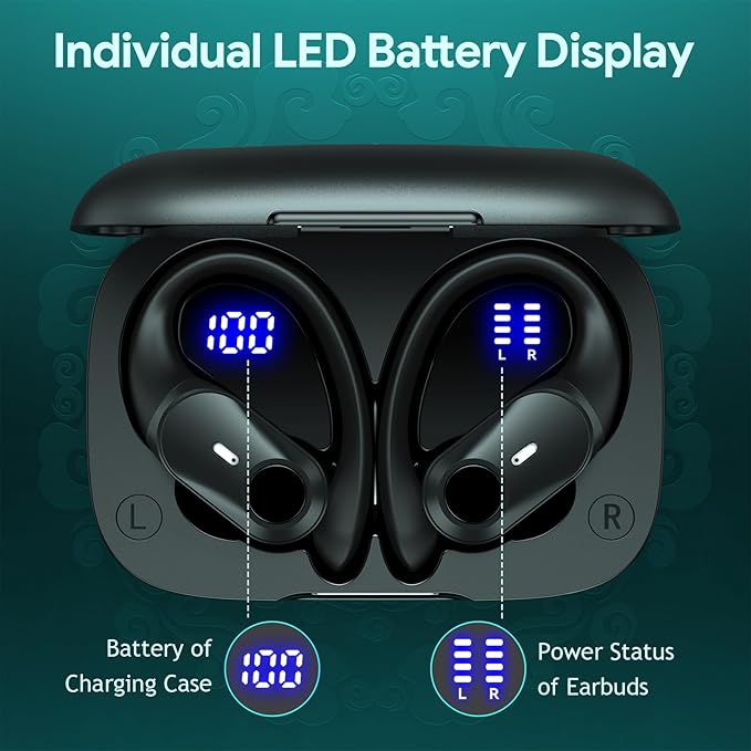 GOLREX Noise Cancelling Ear Buds Wireless Earbuds Bluetooth Headphones with 80H Playtime, Dual LED Display, Wireless Charging Case, Over-Ear Hooks Earphones for Sports Running Gym Workout Black