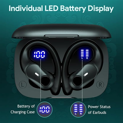 GOLREX Noise Cancelling Ear Buds Wireless Earbuds Bluetooth Headphones with 80H Playtime, Dual LED Display, Wireless Charging Case, Over-Ear Hooks Earphones for Sports Running Gym Workout Black