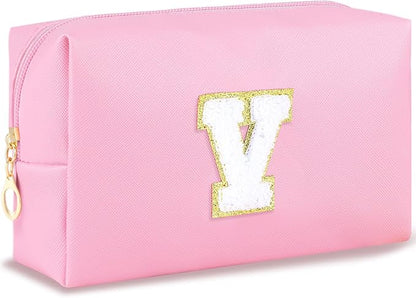 Initial Makeup Bag Personalized Preppy Travel Small Cosmetic Bag Cute PU Pink Chenille Letter Makeup Pouch for Purse Waterproof Zippered Toiletry Organizer for Women Girls Kids Friends (V)