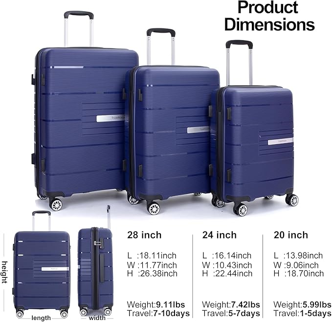 Travelhouse Luggage Sets, Expandable Hardside Suitcases 24in/28in, Carry on 20in,3 Piece Set Travel Luggages Clearance with Double Spinner Wheels TSA Lock Lightweight (Blue-1206)