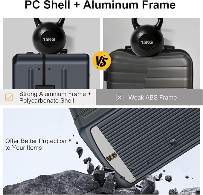 Carry on Luggage 22x14x9 Airline Approved, Durable PC Hardside Suitcase with TSA Lock for Business Trip, 20 Inch Carry-on Luggage, USB Port & 360°Spinner Wheels (20 Inch - Aluminium-Frame, Dark Grey)