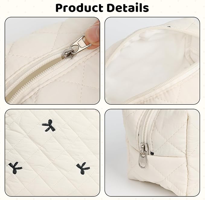 Quilted Makeup Bag Set,3 Pcs Puffy Cosmetic Bags Aesthetic Make Up Bags,Small Zipper Pouch,Travel Toiletry Bag Purse Organizer Pouches for Women (White-Bow)