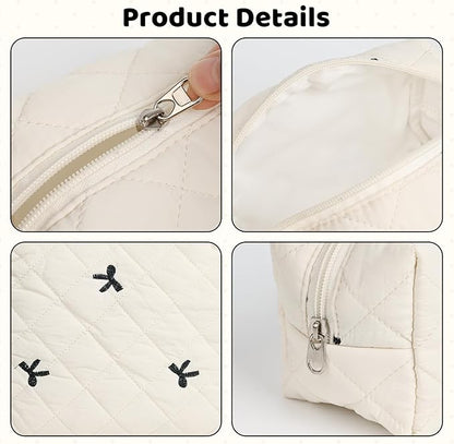 Quilted Makeup Bag Set,3 Pcs Puffy Cosmetic Bags Aesthetic Make Up Bags,Small Zipper Pouch,Travel Toiletry Bag Purse Organizer Pouches for Women (White-Bow)