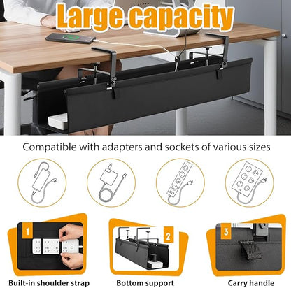 Oxford Cloth Under Desk Cable Management Tray,No-Drill 36" Desk Cable Management Organizer with Clip/Screw Installation,Fabric Cable Management for Home,Office & Gaming Computer(Black)