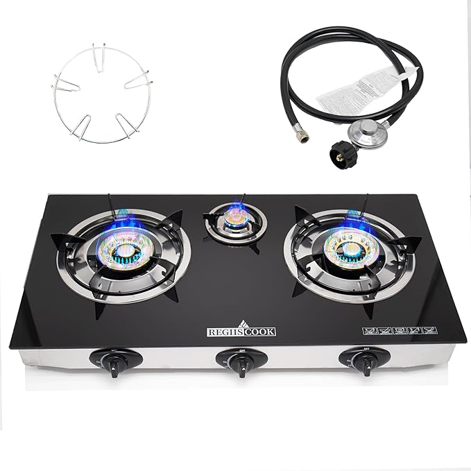3 Burner Propane Gas Cooktop,Camping Portable LPG Gas Stove, Auto Ignition Tempered Glass Countertop Regulator Burner Grate