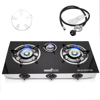 3 Burner Propane Gas Cooktop,Camping Portable LPG Gas Stove, Auto Ignition Tempered Glass Countertop Regulator Burner Grate