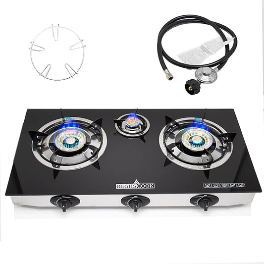3 Burner Propane Gas Cooktop,Camping Portable LPG Gas Stove, Auto Ignition Tempered Glass Countertop Regulator Burner Grate
